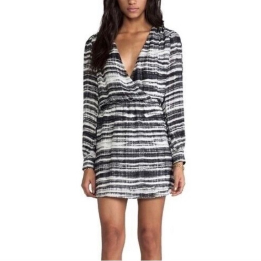 PARKER Lila Silk Wrap V-Neck Dress Industrial Striped Black White office s L